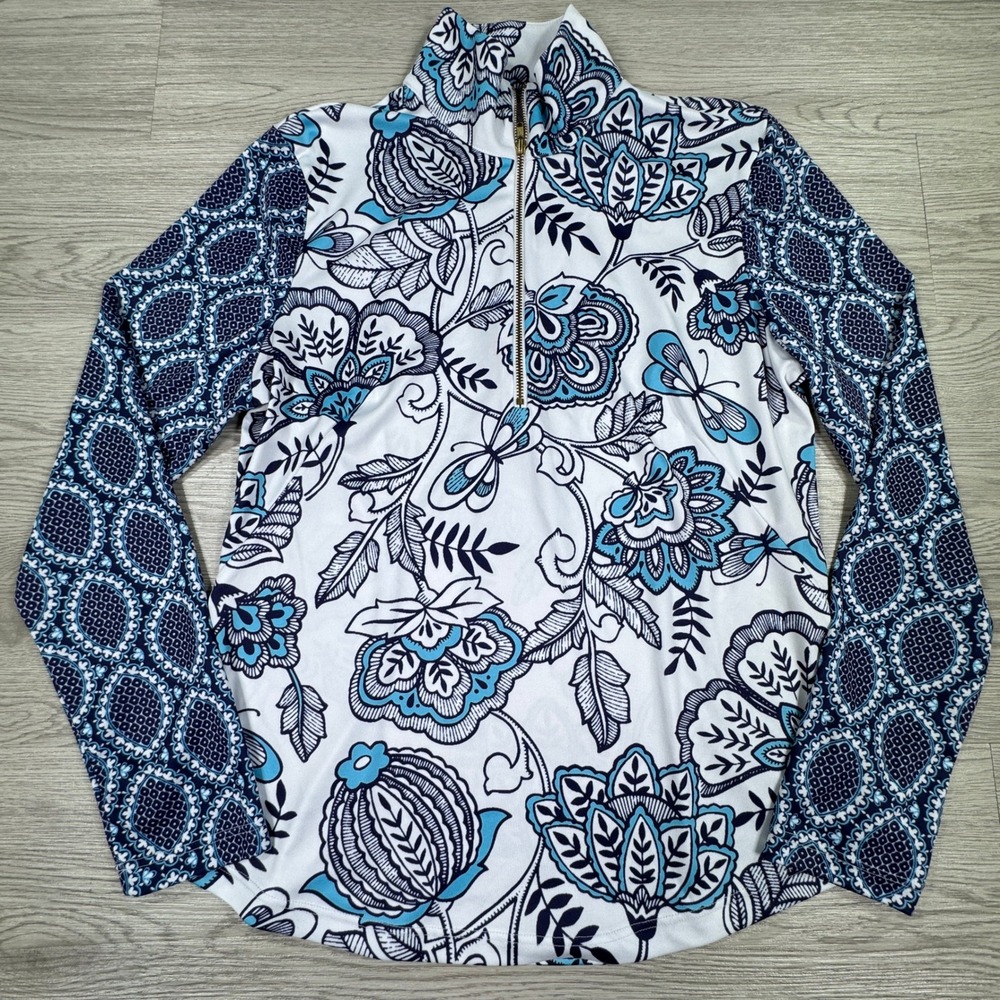 Whimsy Rose Womens Quarter Zip Pullover Blue White Floral UPF Sun Top Large